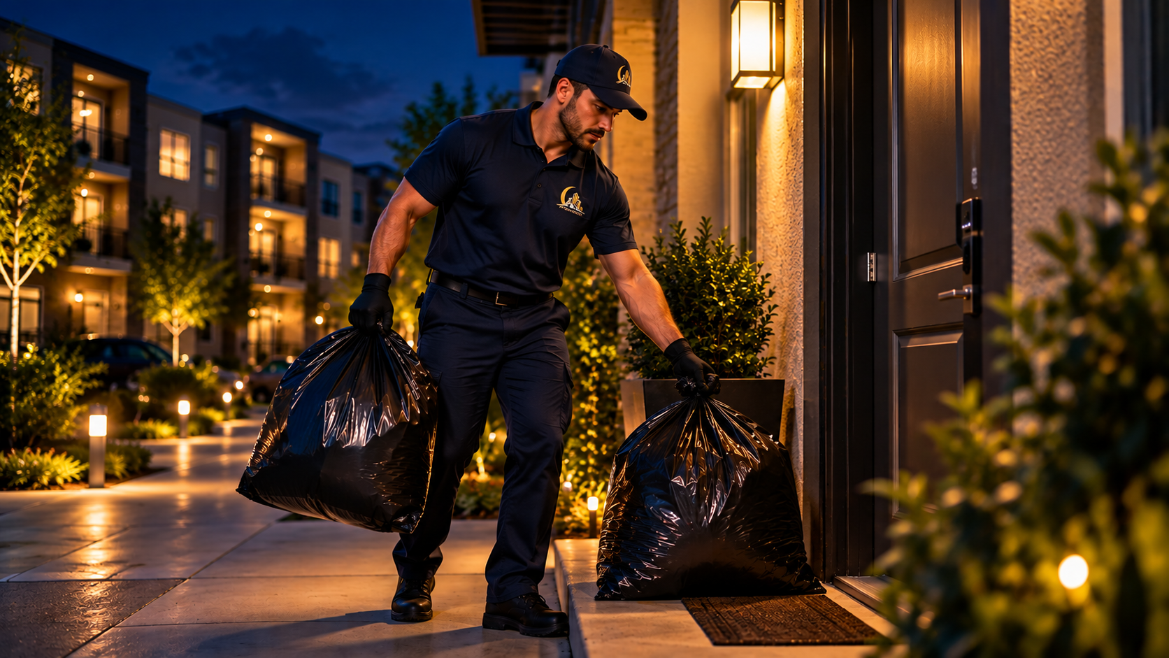 Nightfall Waste crew member collecting trash at an apartment doorstep at night